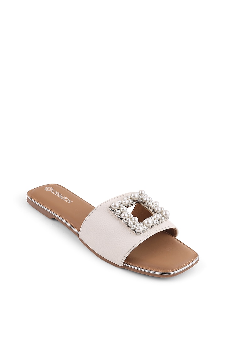 Pearl White Faux Leather Embellished Flats by Crimzon