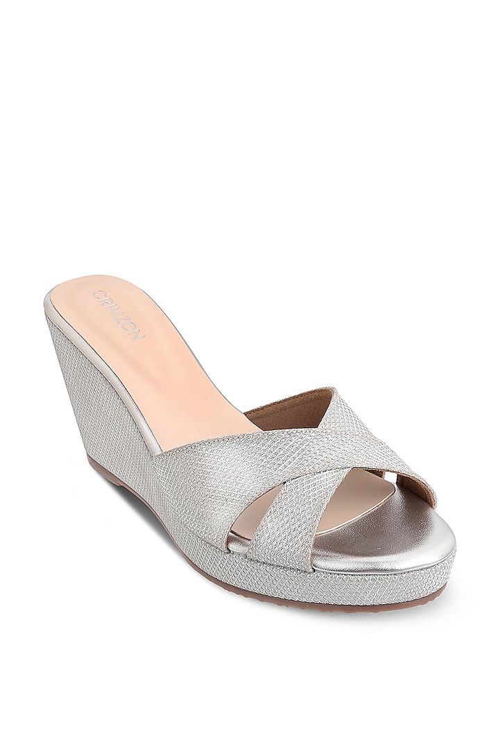 Silver Faux Leather Slip-On Wedges by Crimzon