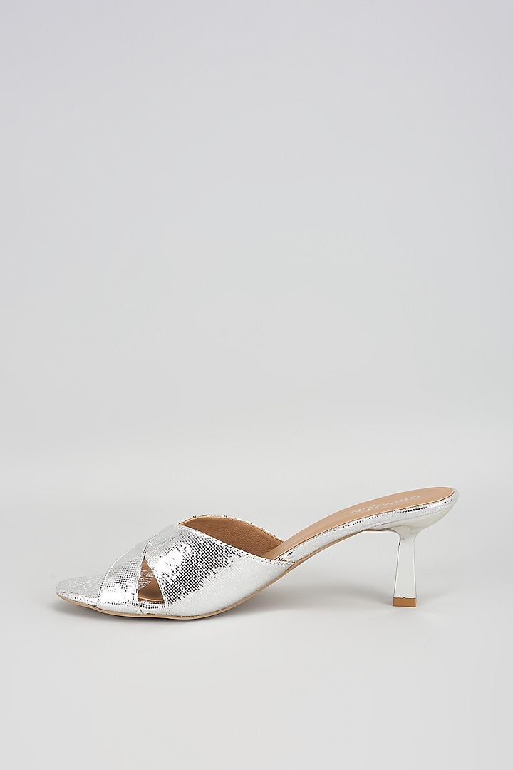 Silver Synthetic & Faux Leather Heels by Crimzon at Pernia's Pop Up Shop