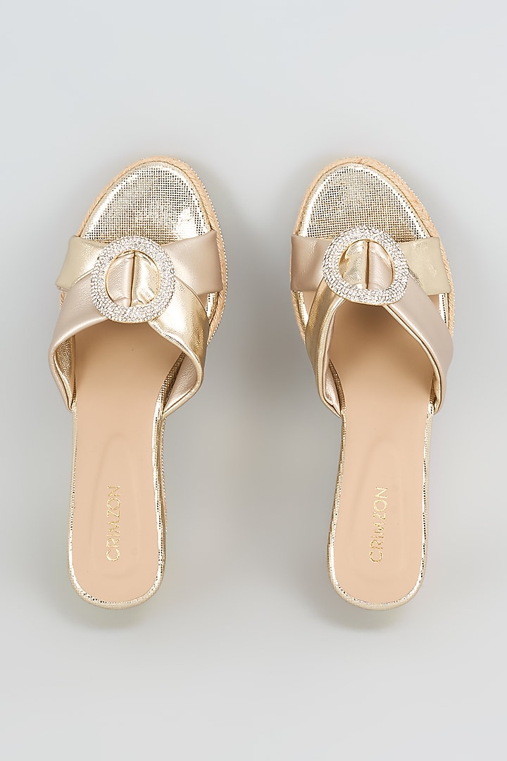Gold Synthetic & Faux Leather Wedges by Crimzon at Pernia's Pop Up Shop