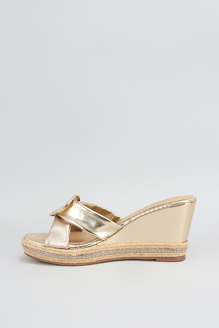 Gold Synthetic & Faux Leather Wedges by Crimzon at Pernia's Pop Up Shop