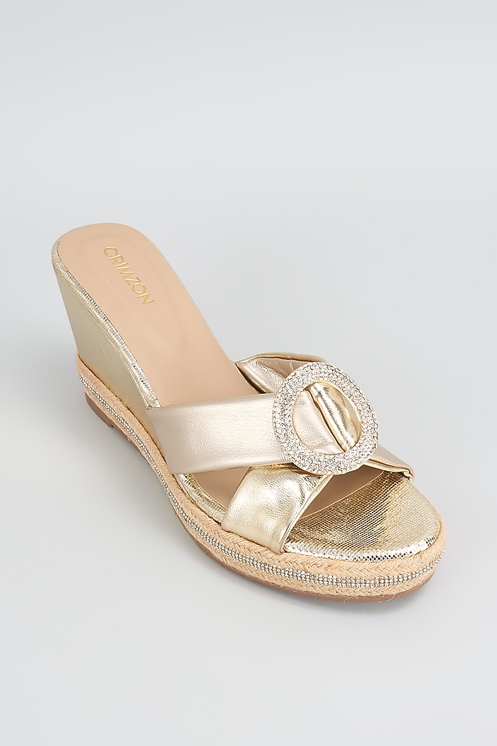 Gold Synthetic & Faux Leather Wedges by Crimzon at Pernia's Pop Up Shop