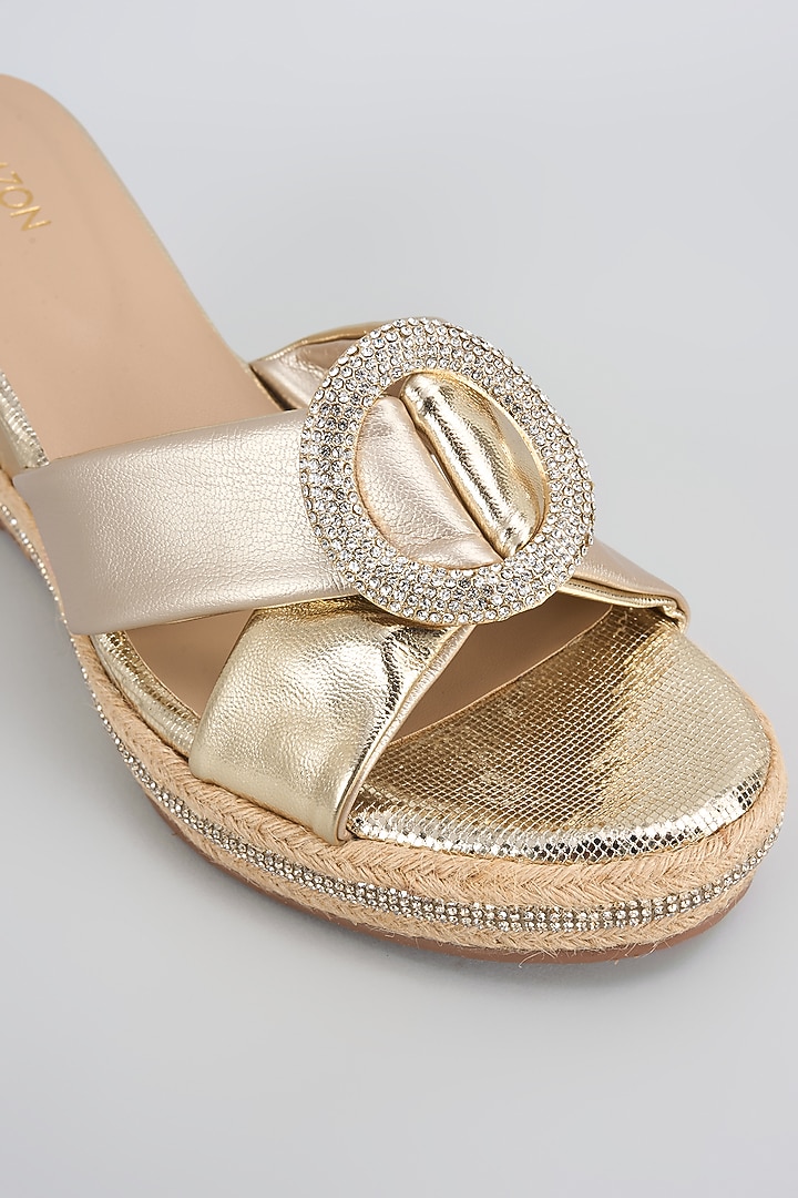 Gold Synthetic & Faux Leather Wedges by Crimzon at Pernia's Pop Up Shop