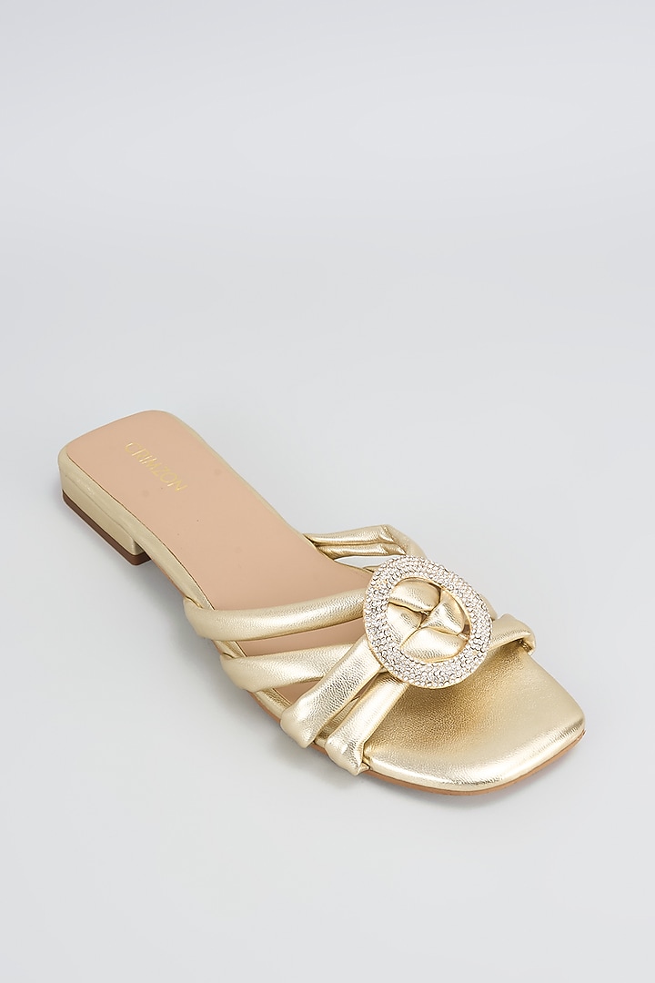 Gold Synthetic & Faux Leather Flats by Crimzon at Pernia's Pop Up Shop