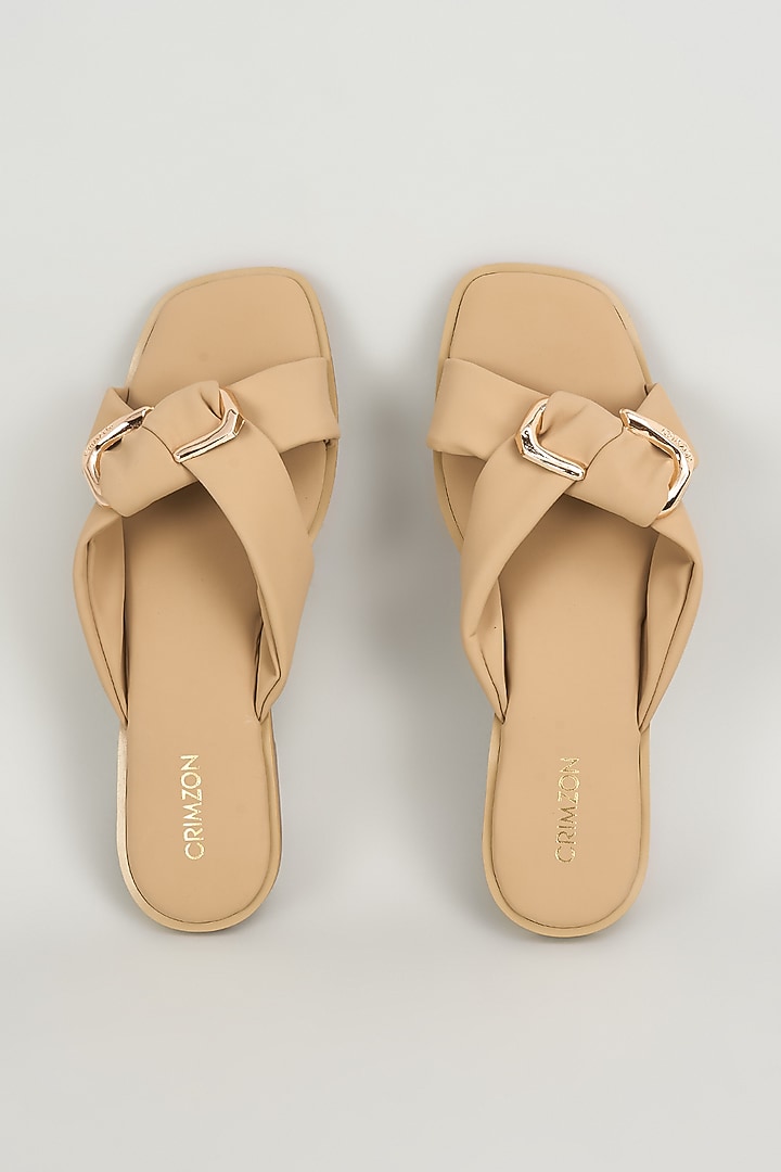 Tan Faux Leather Flats by Crimzon at Pernia's Pop Up Shop