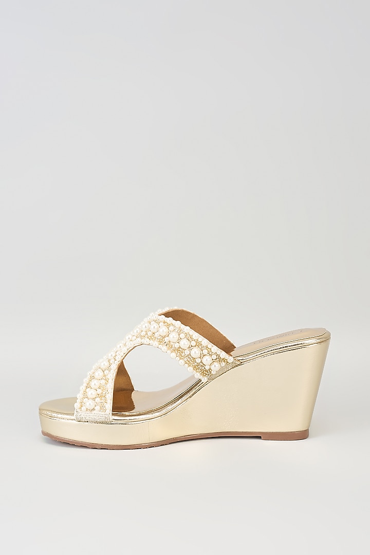 Gold Faux Leather Diamond Embroidered Wedge by Crimzon at Pernia's Pop Up Shop
