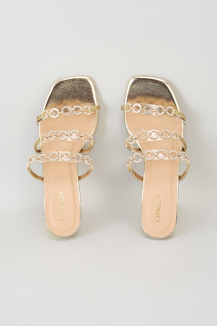 Gold Faux Leather Crystal Embroidered Block Heels by Crimzon at Pernia's Pop Up Shop