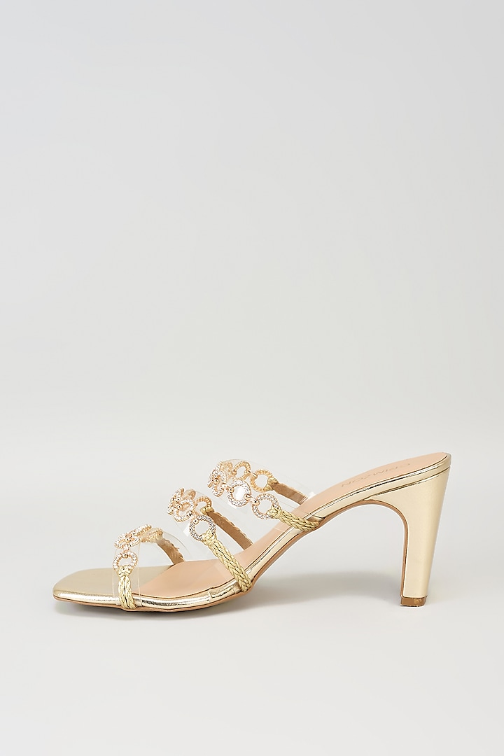 Gold Faux Leather Crystal Embroidered Block Heels by Crimzon at Pernia's Pop Up Shop
