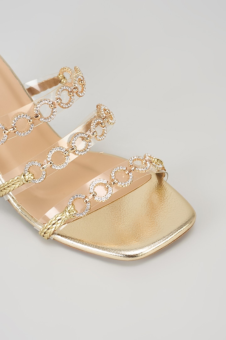 Gold Faux Leather Crystal Embroidered Block Heels by Crimzon at Pernia's Pop Up Shop