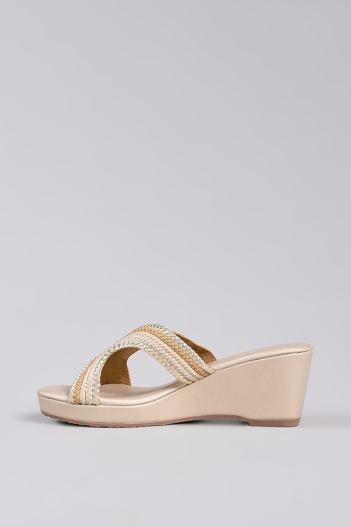 Gold Leather Embroidered Wedges by Crimzon at Pernia's Pop Up Shop