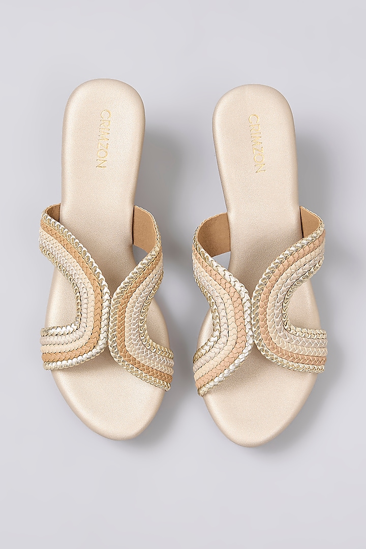 Gold Leather Embroidered Wedges by Crimzon at Pernia's Pop Up Shop