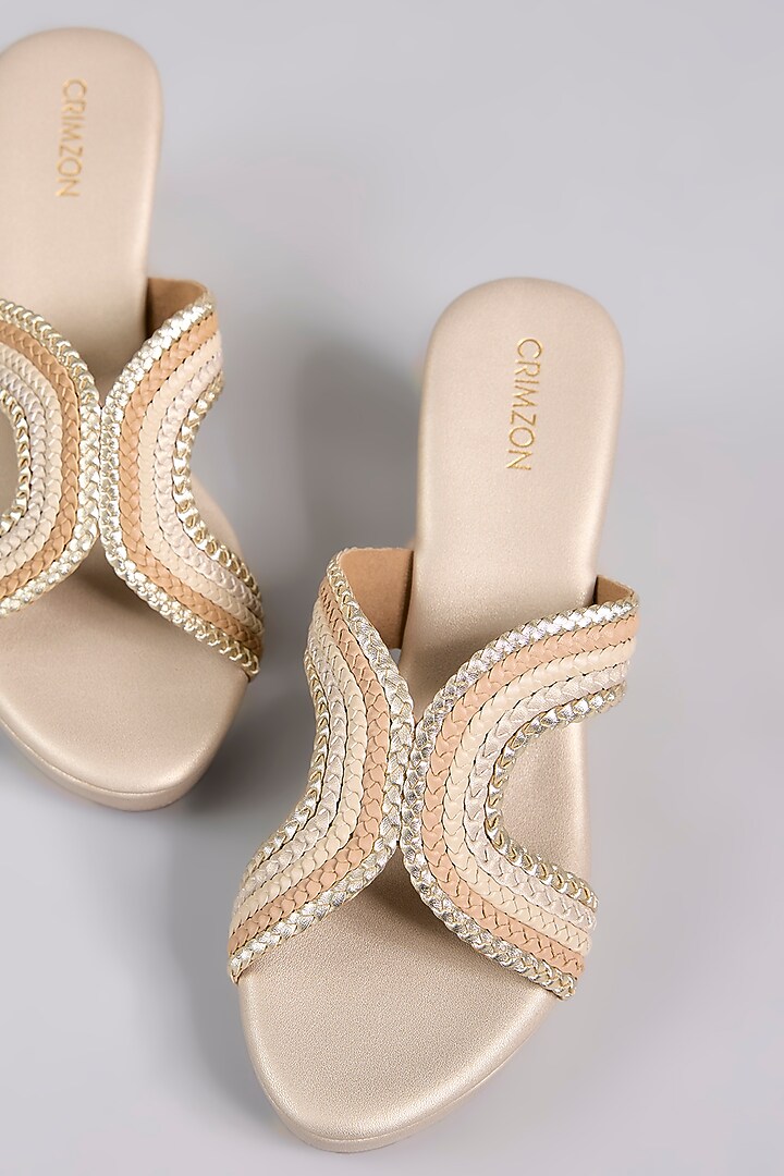 Gold Leather Embroidered Wedges by Crimzon at Pernia's Pop Up Shop