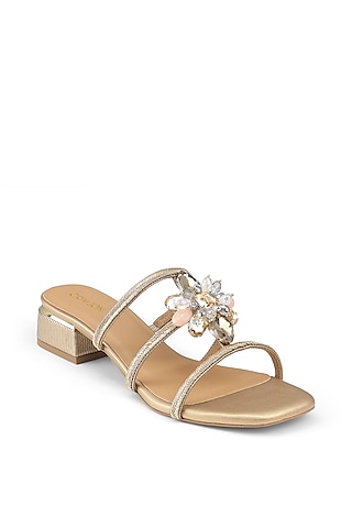 Bronze Faux Leather Floral Embellished Block Heels by Crimzon
