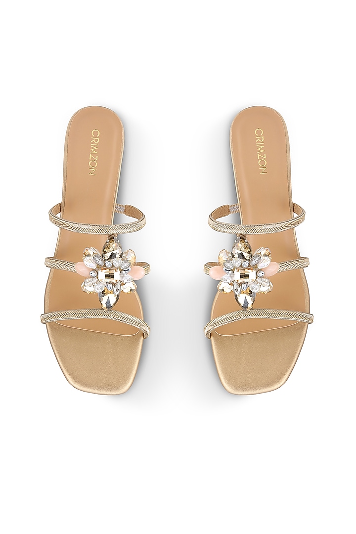 Bronze Faux Leather Floral Embellished Block Heels by Crimzon at Pernia's Pop Up Shop