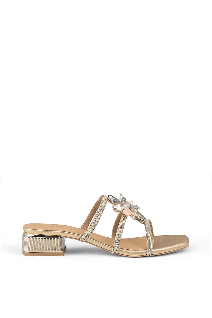 Bronze Faux Leather Floral Embellished Block Heels by Crimzon at Pernia's Pop Up Shop