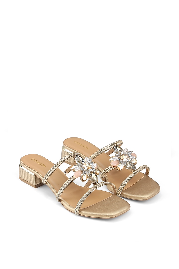 Bronze Faux Leather Floral Embellished Block Heels by Crimzon at Pernia's Pop Up Shop