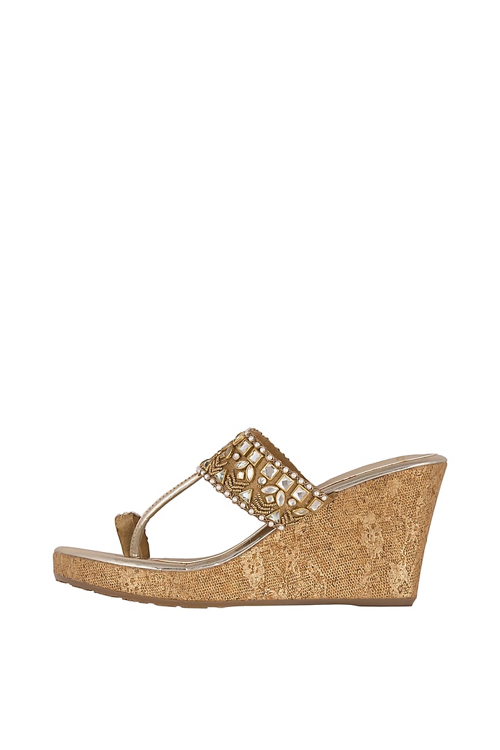 Gold Embellished Leather Wedges With 3.5 Inches Heels by Crimzon