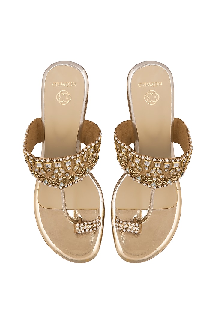 Gold Embellished Leather Wedges With 3.5 Inches Heels by Crimzon at Pernia's Pop Up Shop