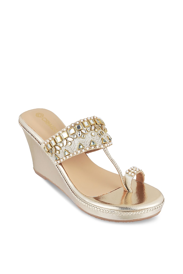 Gold Faux Leather Embellished Wedges by Crimzon