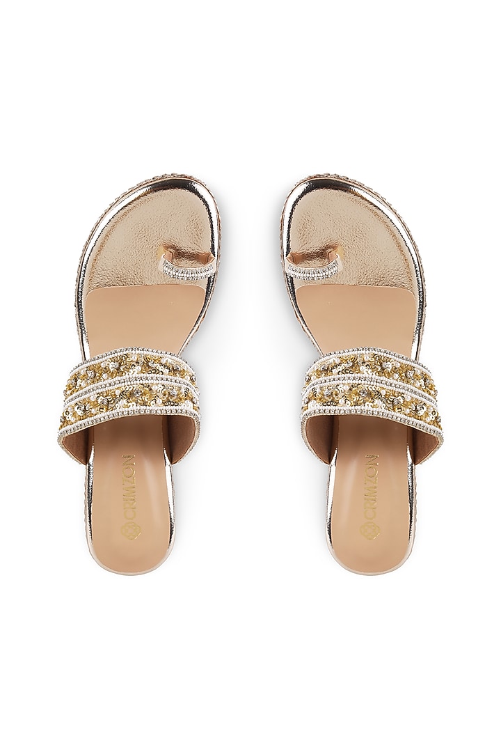 Gold Embroidered Kolhapuri Wedges by Crimzon at Pernia's Pop Up Shop