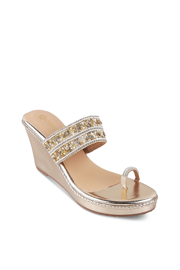 Gold Embroidered Kolhapuri Wedges by Crimzon at Pernia's Pop Up Shop