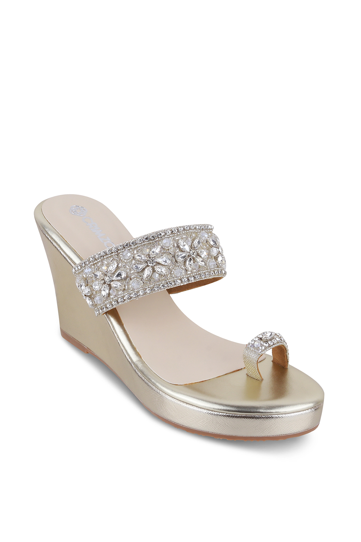 Gold Faux Leather Embellished Wedges by Crimzon at Pernia's Pop Up Shop