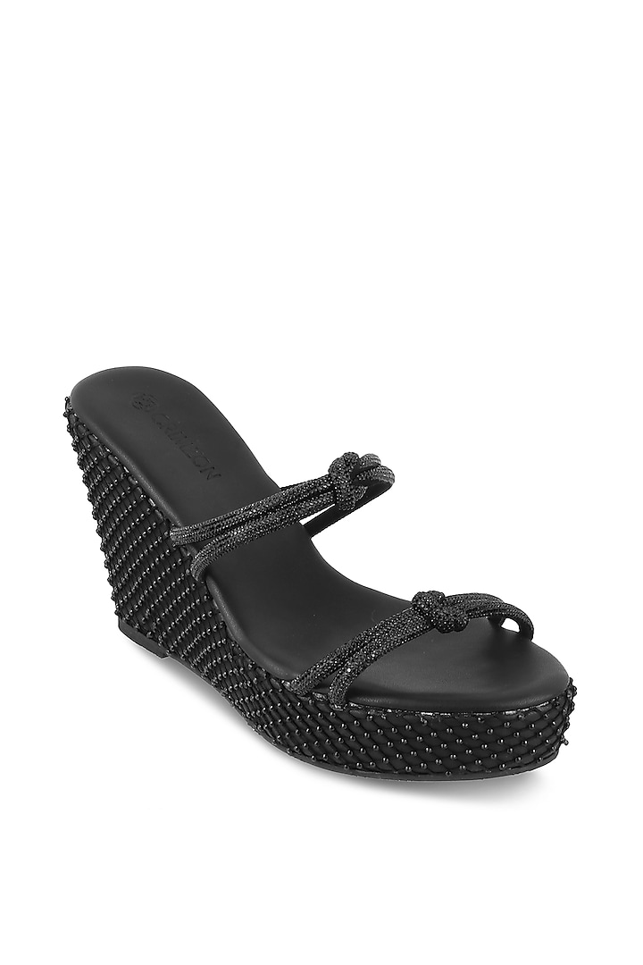 Black Faux Leather Embellished Wedges by Crimzon at Pernia's Pop Up Shop