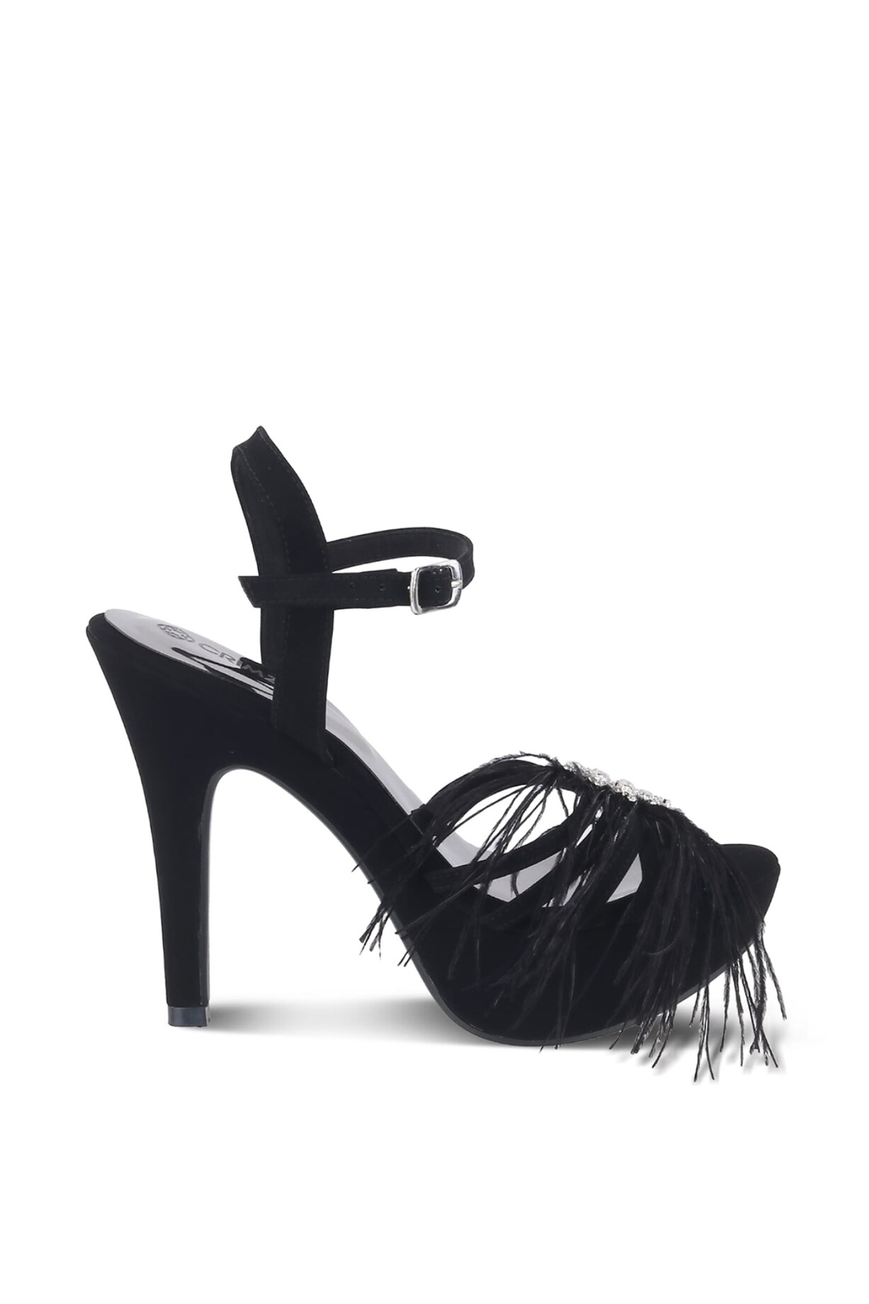 Black Faux Leather Feather Embellished Stiletto Heels by Crimzon