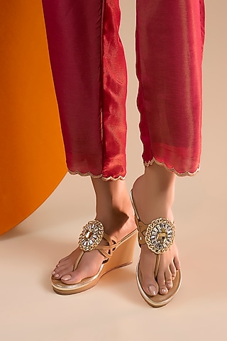 Beige Leather Embroidered Wedges by Crimzon