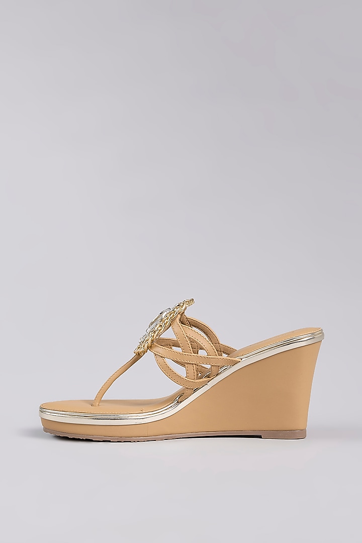 Beige Leather Embroidered Wedges by Crimzon at Pernia's Pop Up Shop