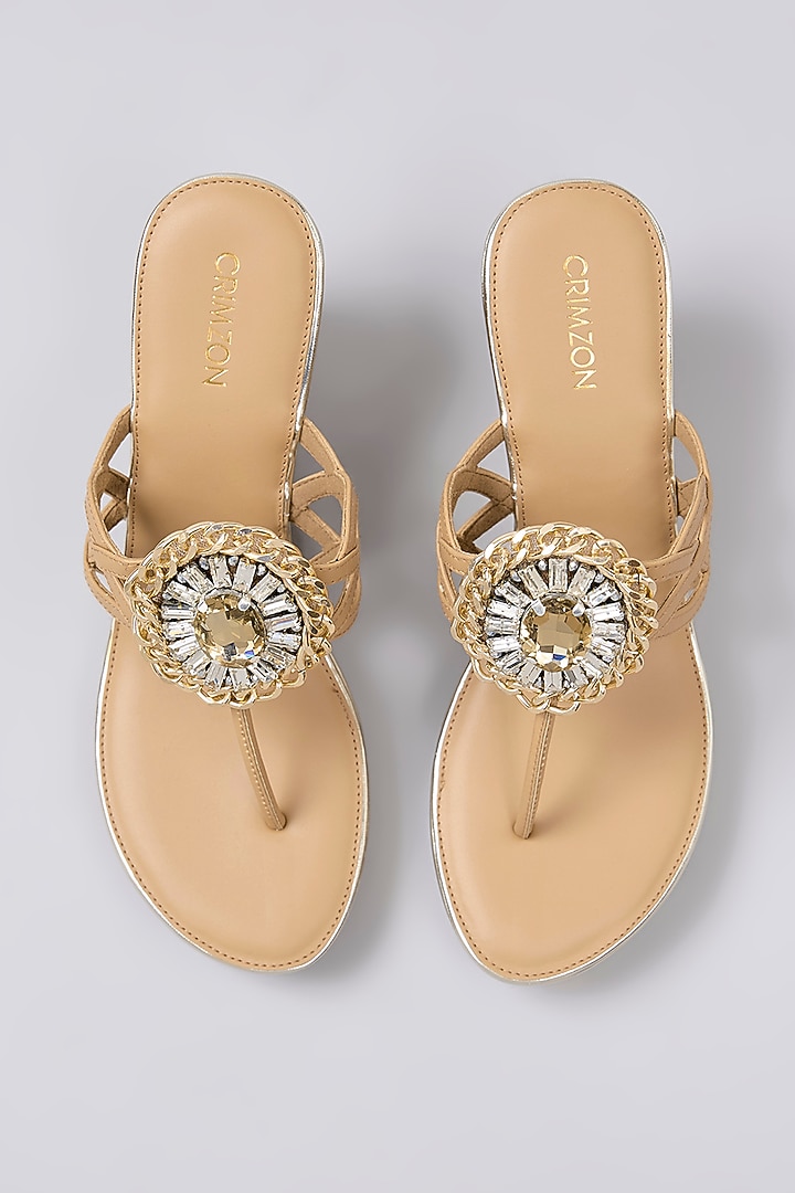 Beige Leather Embroidered Wedges by Crimzon at Pernia's Pop Up Shop