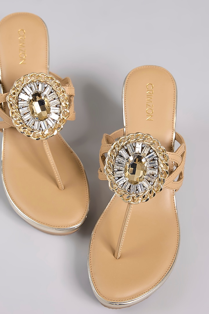 Beige Leather Embroidered Wedges by Crimzon at Pernia's Pop Up Shop