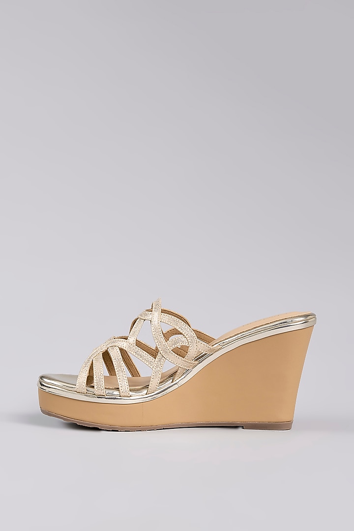 Beige Leather Embroidered Wedges by Crimzon at Pernia's Pop Up Shop