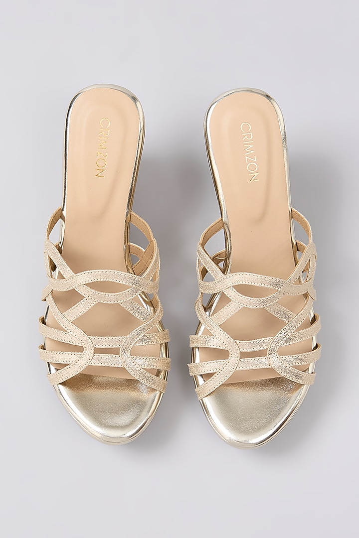 Beige Leather Embroidered Wedges by Crimzon at Pernia's Pop Up Shop