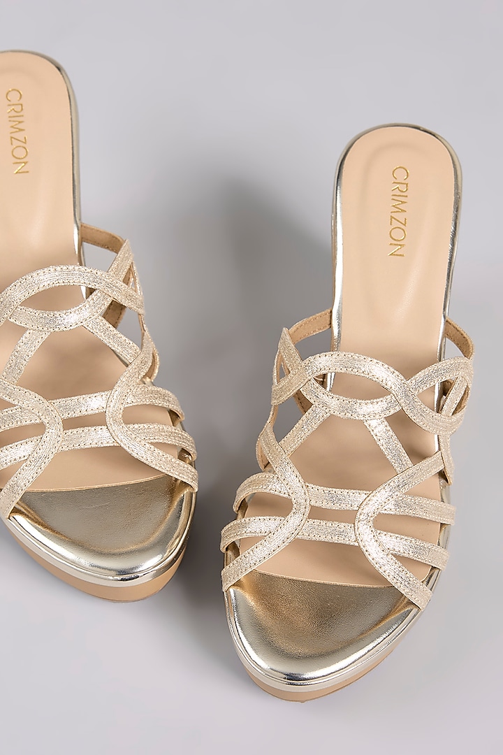 Beige Leather Embroidered Wedges by Crimzon at Pernia's Pop Up Shop