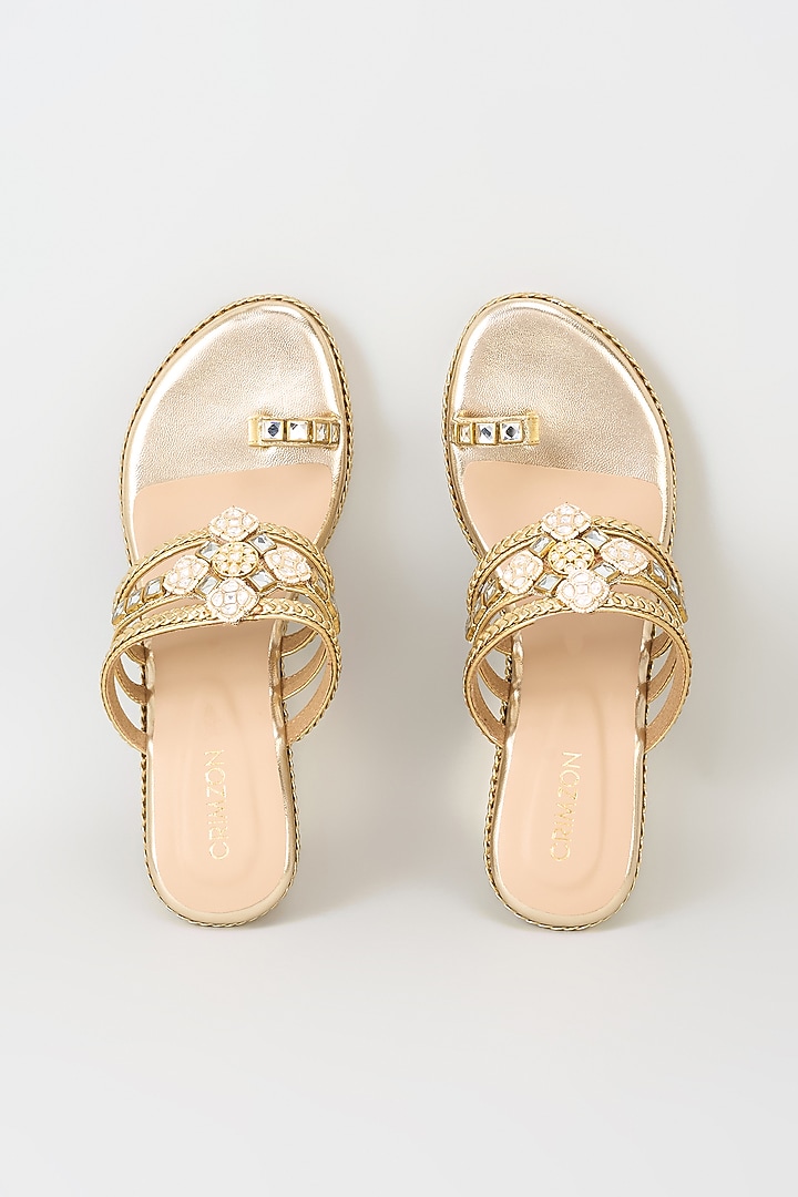 Gold Faux Leather Kundan Embellished Kolhapuri Wedges by Crimzon at Pernia's Pop Up Shop
