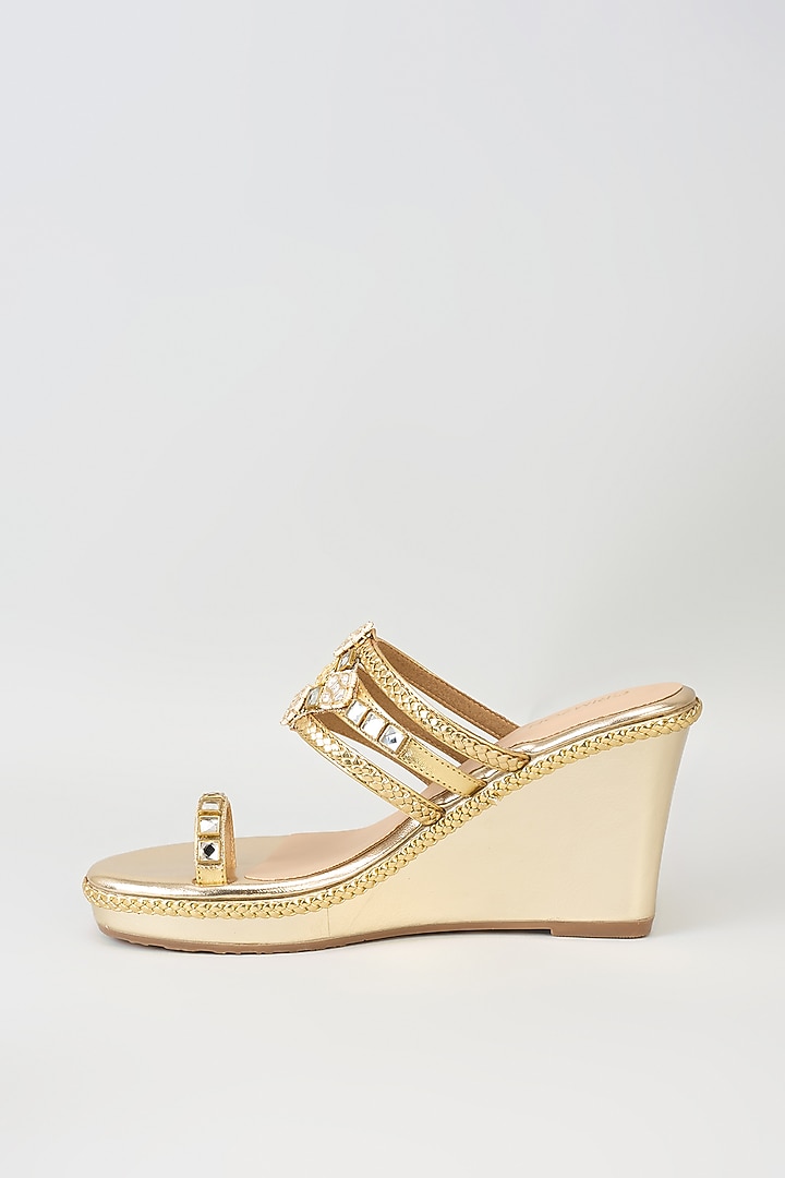 Gold Faux Leather Kundan Embellished Kolhapuri Wedges by Crimzon at Pernia's Pop Up Shop