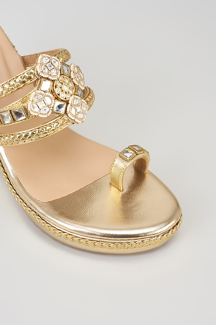 Gold Faux Leather Kundan Embellished Kolhapuri Wedges by Crimzon at Pernia's Pop Up Shop