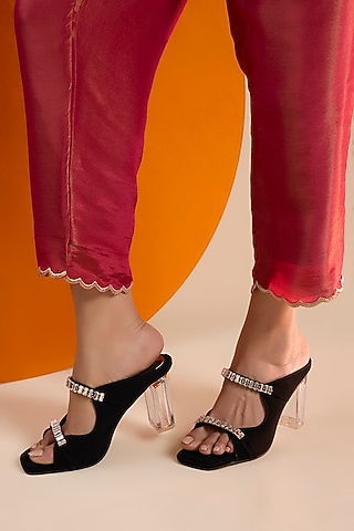 Black Leather Embroidered Wedges by Crimzon