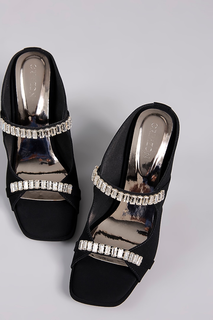 Black Leather Embroidered Wedges by Crimzon at Pernia's Pop Up Shop