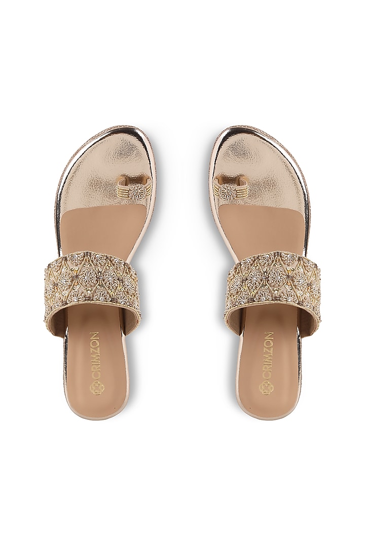 Gold Embroidered Kolhapuri Wedges by Crimzon at Pernia's Pop Up Shop
