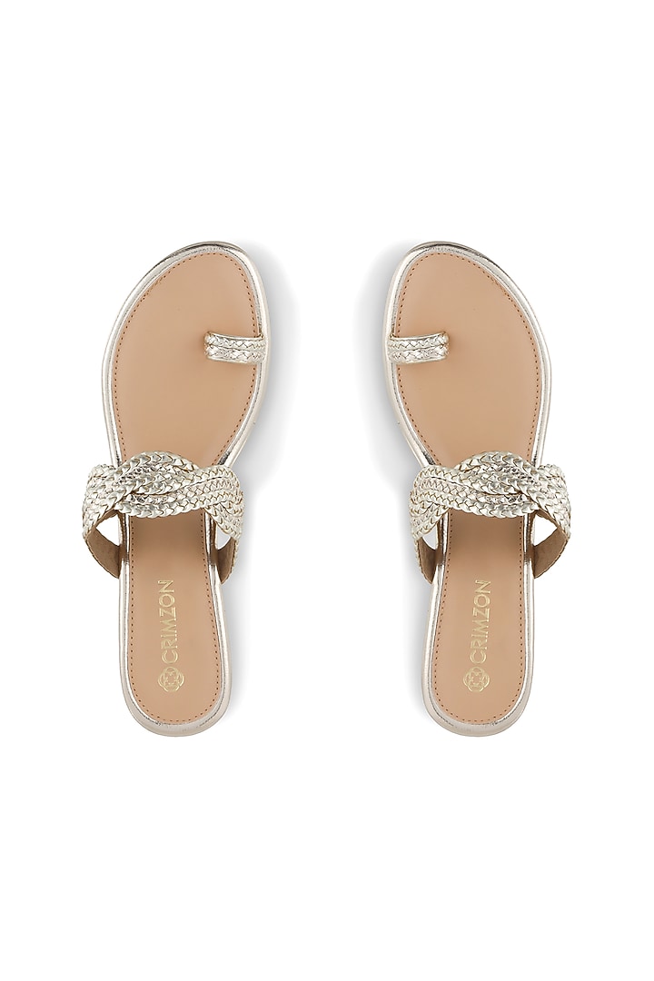 Gold & Beige Leather Kolhapuri Wedges by Crimzon at Pernia's Pop Up Shop