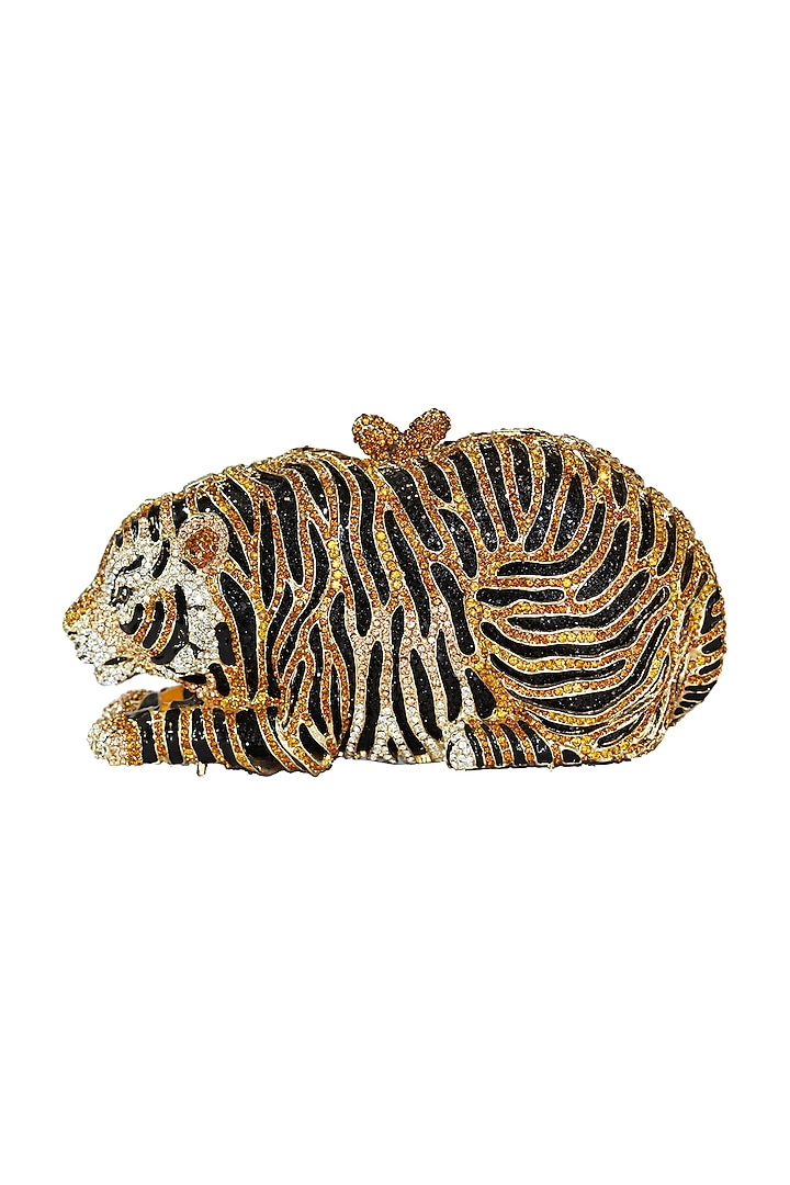 Gold Embellished Tiger Clutch Bag by Crystal Craft