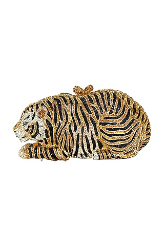Gold Embellished Tiger Clutch Bag by Crystal Craft