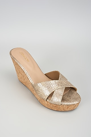 Bronze Faux Leather Slip-On Wedges by Crimzon