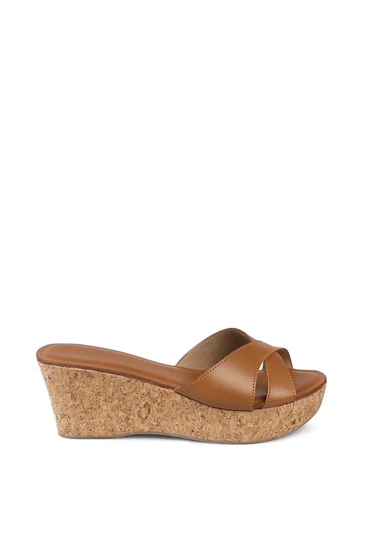 Tan Faux Leather Embellished Cork Wedges by Crimzon at Pernia's Pop Up Shop