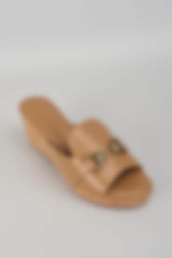 Beige Faux Leather Embellished Wedges by Crimzon at Pernia's Pop Up Shop