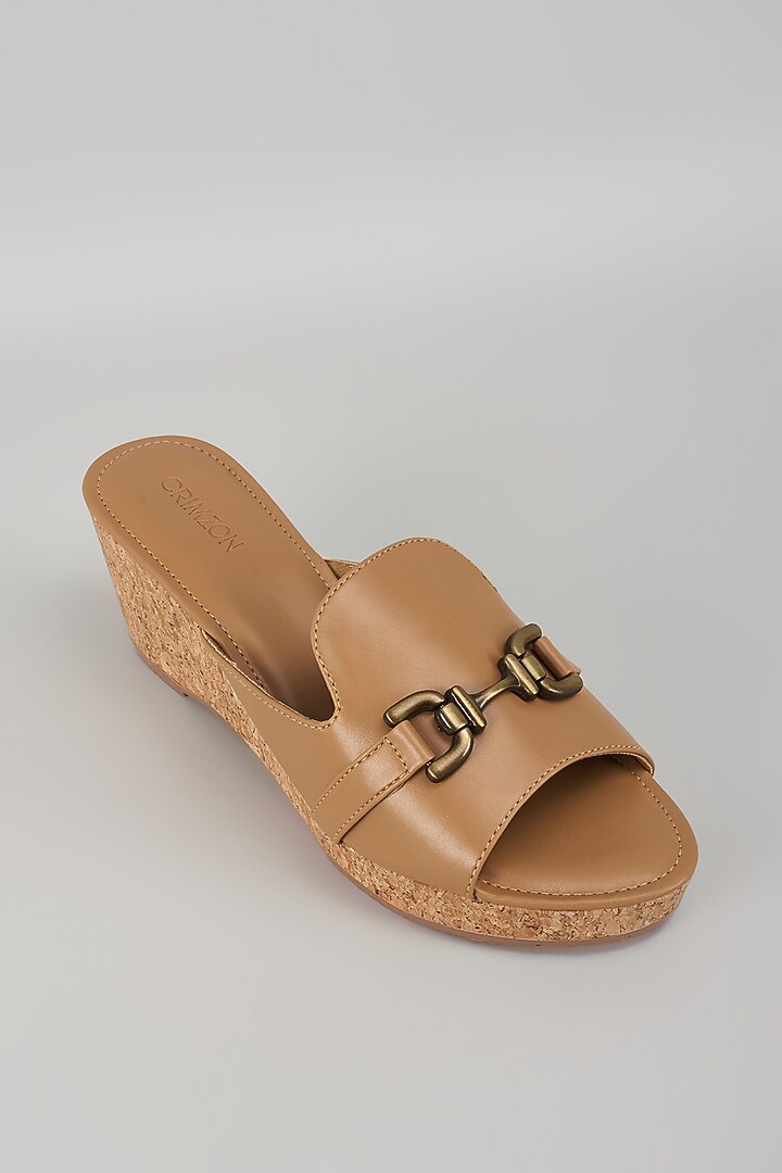 Beige Faux Leather Embellished Wedges by Crimzon at Pernia's Pop Up Shop