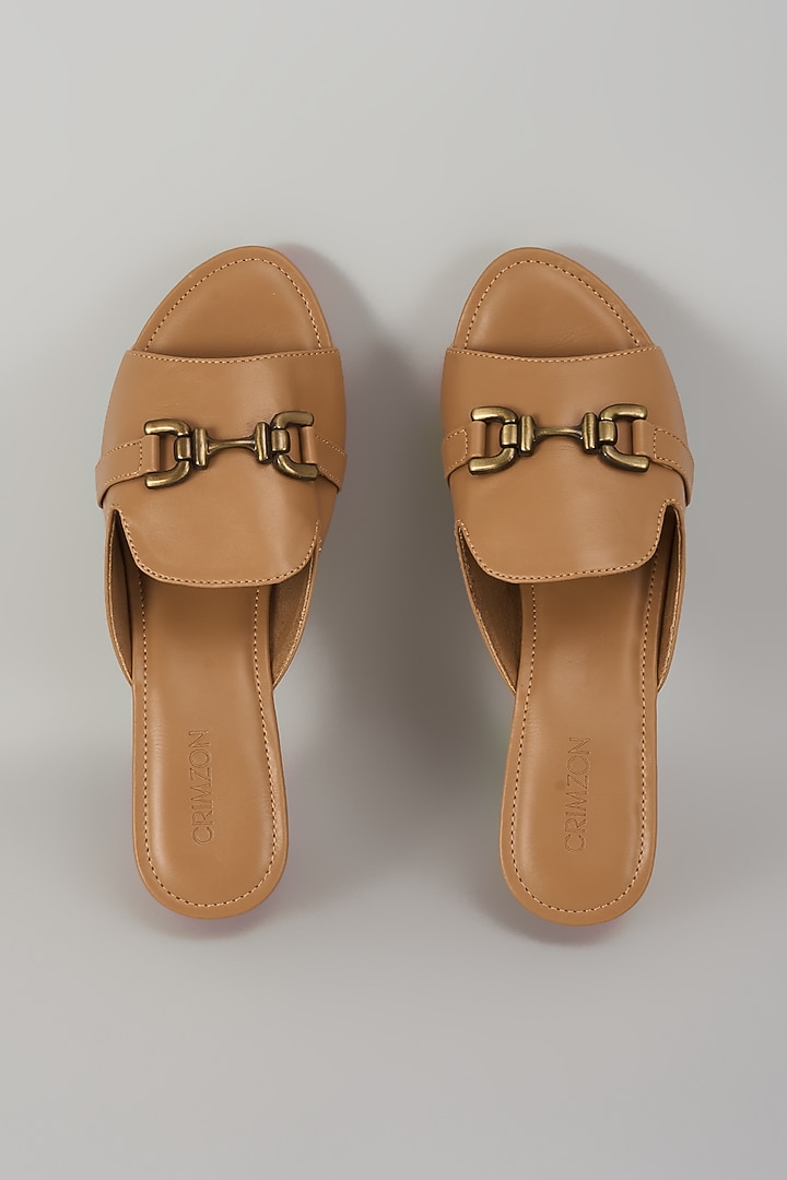 Beige Faux Leather Embellished Wedges by Crimzon at Pernia's Pop Up Shop