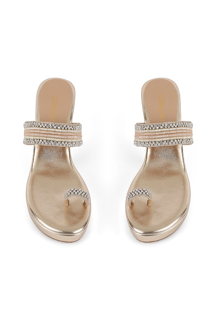 Gold Faux Leather Embellished Kolhapuri Wedges by Crimzon at Pernia's Pop Up Shop